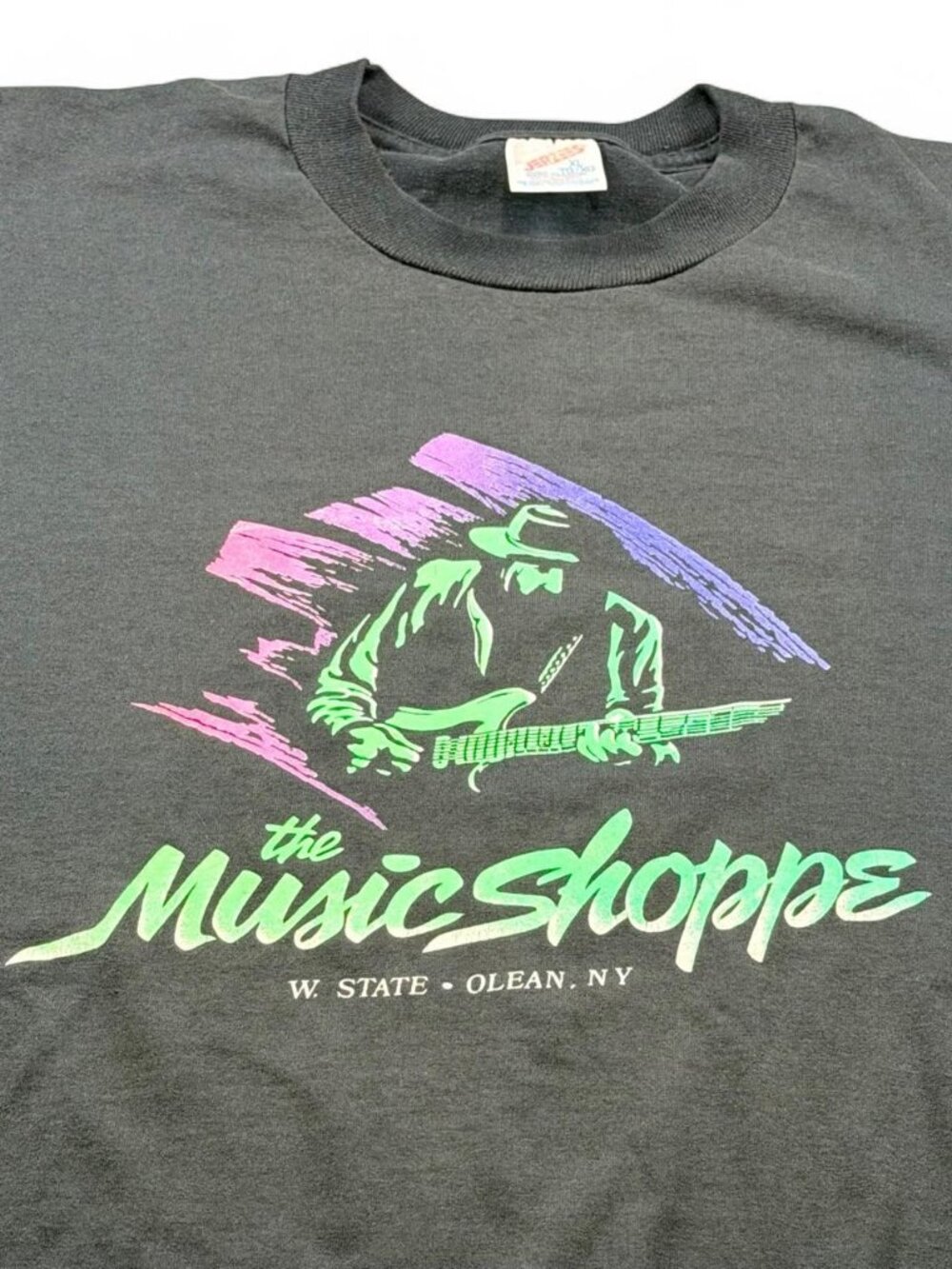 Vintage 90s The Music Shoppe Olean NY Guitar Jerzees Faded Black Tee XL